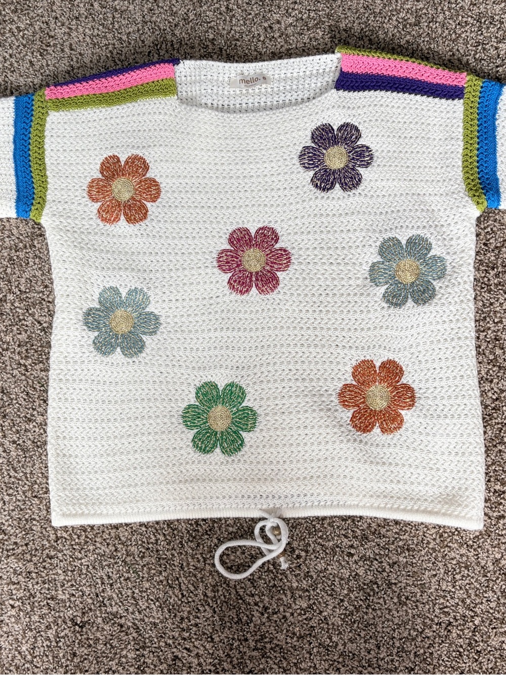 Mello Los Angeles Embroidered Floral Open Knit Sweater Top Size L Crochet Boho